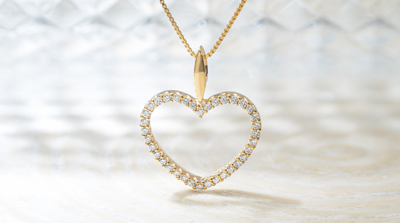 gold necklace with diamonds heart shaped pendant