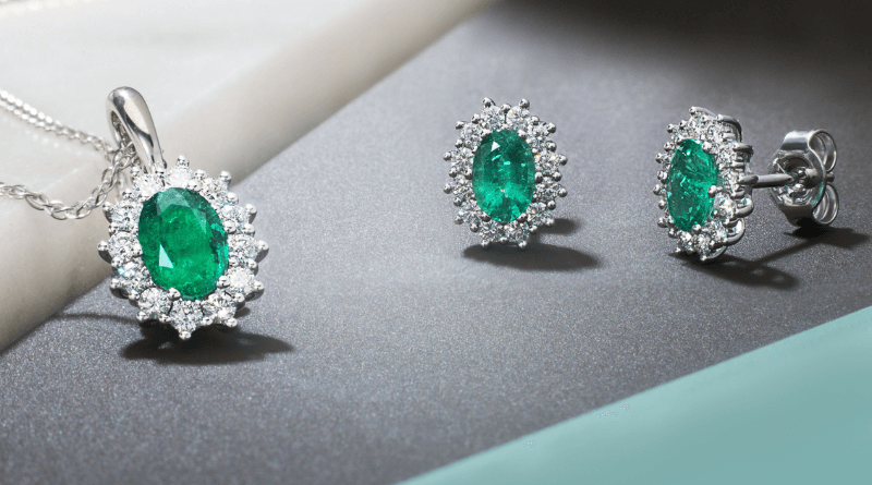 white gold jewelry with diamonds and emeralds