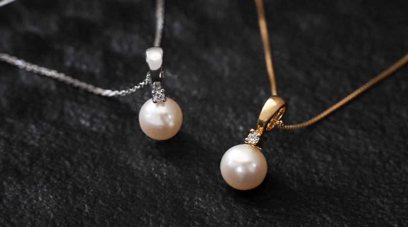 yellow and white gold necklaces with white pearls and diamonds