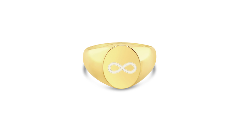 personalized jewelry 14kt gold infinity symbol engraved bracelet on white background 